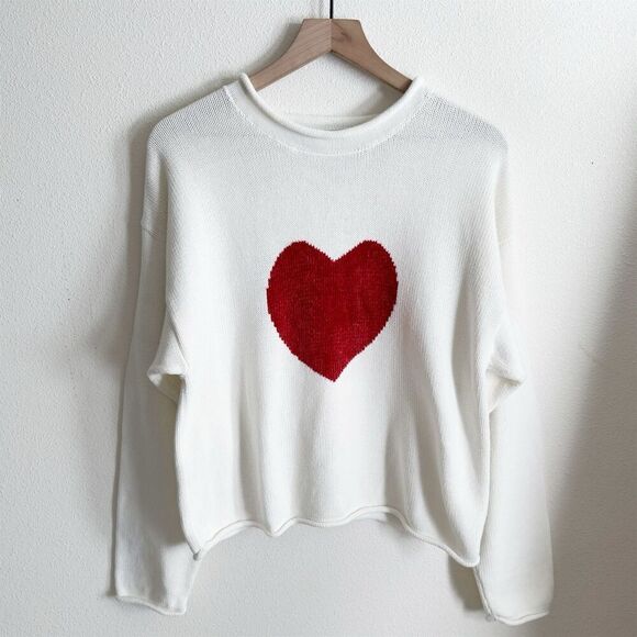Vtg 90s North Style Sweater Womens XL Ivory Red Heart‎ Y2K Phoebe Friends Cute - Picture 1 of 12